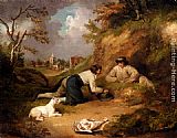 Men Canvas Paintings - Two Men Hunting Rabbits With Their Dog, A Village Beyond